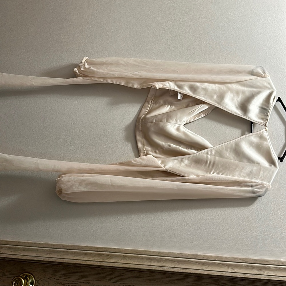 Silk cream long sheer sleeve crop top